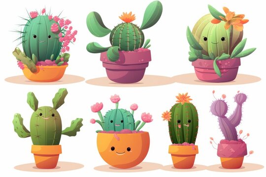 Cute cartoon watercolor cactus Generative AI