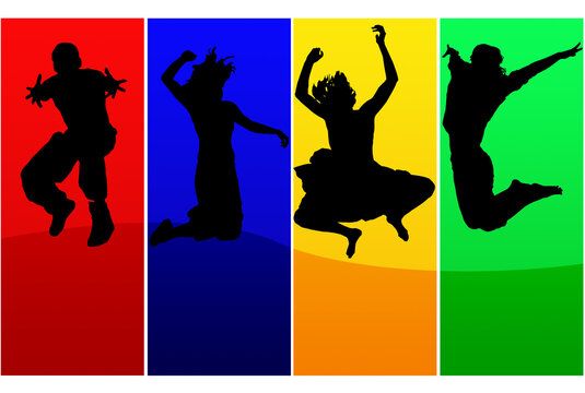 Silhouettes of jumping people over colored background frames