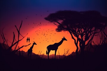 Abstract  Savana landscape , sunset and animals generative AI