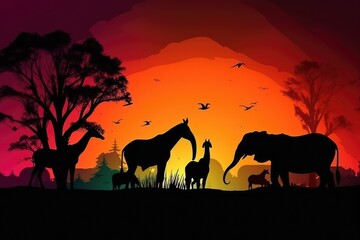 Plakat Abstract Savana landscape , sunset and animals generative AI