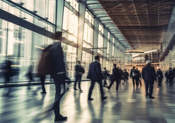 Group of business people rushing in the lobby. motion blur, AI Generated