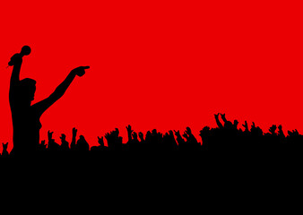 female leading the crowd at a rock concert on a red background