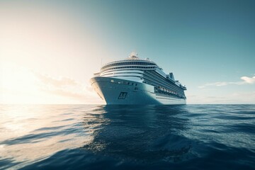 Fototapeta na wymiar A digital illustration of a luxury cruise liner floating on a calm, azure ocean. Generative AI