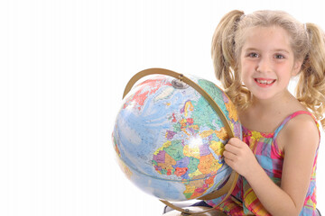 happy little girl holding globe