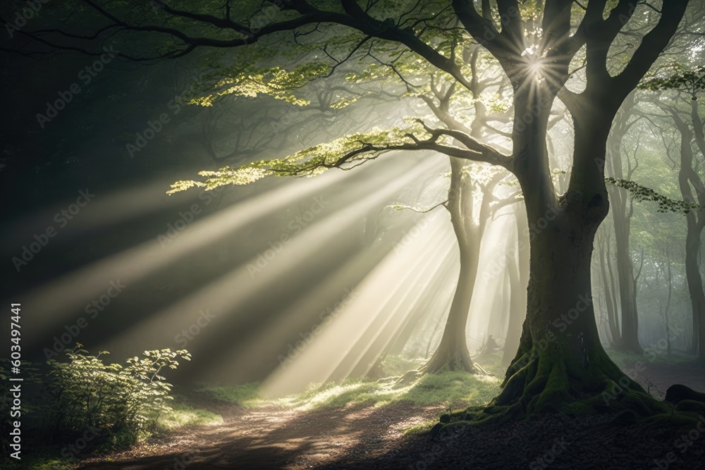 Poster tranquil forest with rays of sunlight piercing through the canopy. generative ai