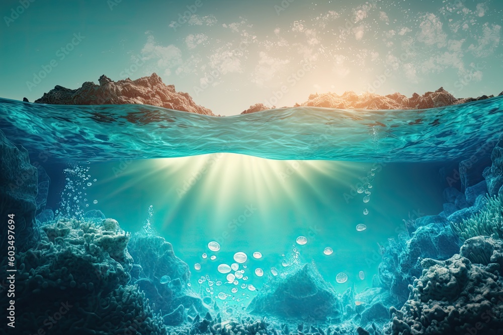 Poster an underwater world with rays of sunlight shining through. generative ai