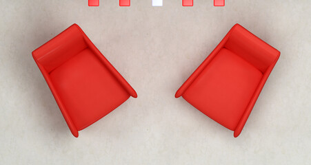 top-view of two red armchair with neon lamp on concrete background