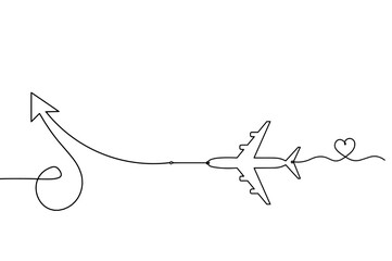 Abstract continuous lines arrows and plane as drawing on white background