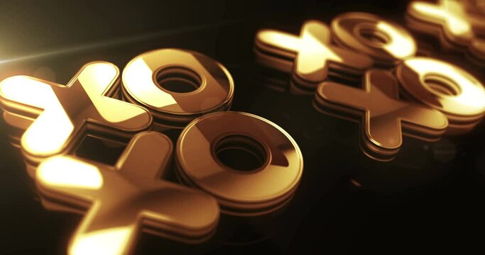 XOXO romantic love greeting and kiss digital cyber style golden metal shine symbol concept. Spectacular glowing and reflection light icon abstract. Seamless and looped 3d animation.