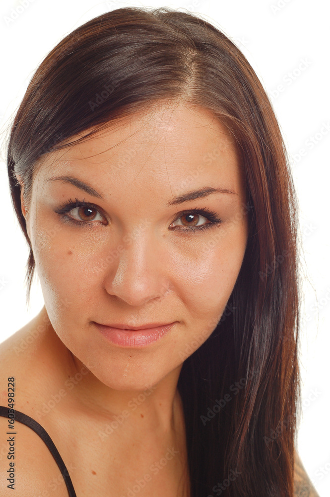 Wall mural attractive brunette woman on white background