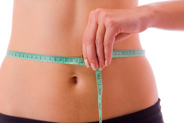 Close up view of woman measuring her waist on white back