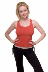 Fototapeta premium Attractive blond woman wearing workout attire over white