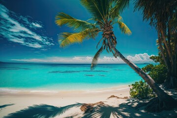 Obraz premium picturesque beach scene with a prominent palm tree in the foreground. Generative AI