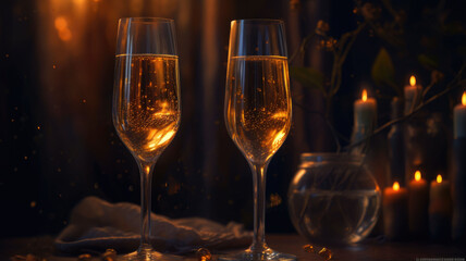 christmas story. two glasses of champagne.  Copyspace. Generative AI