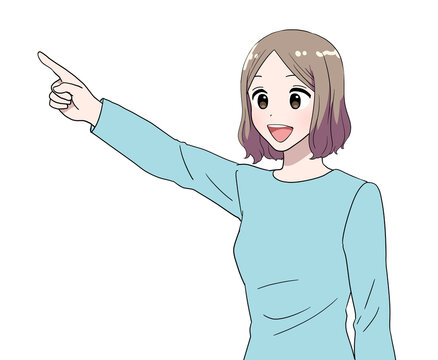 斜め上を指差す真ん中分けボブの女性　笑顔
