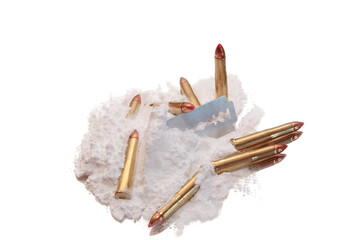 bullets and drugs showing a dangerous side to life against a white background