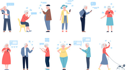 Seniors using smartphones. Modern elderly communicated with gadgets, chatting and scrolling. Grandparents flat characters, recent vector set