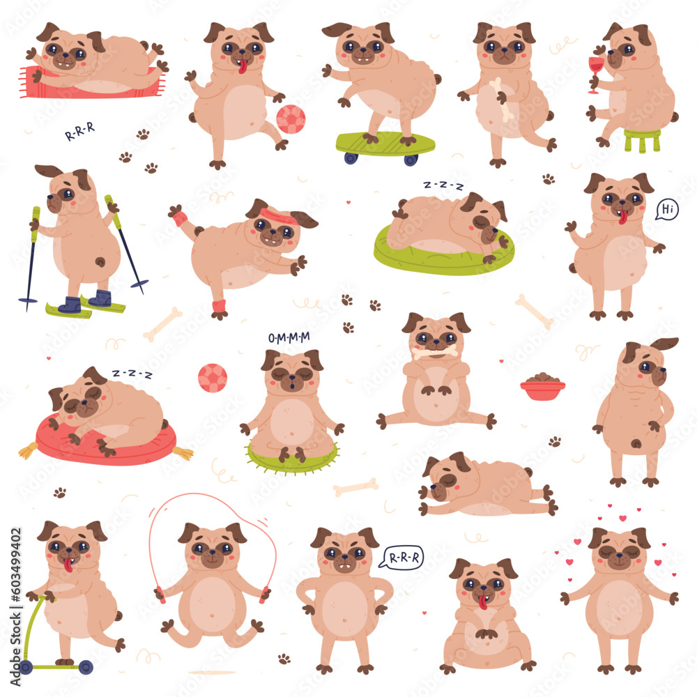 Poster funny pug dog character with wrinkly face engaged in different activity vector set