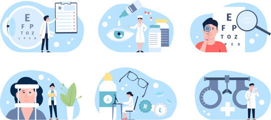 Ophthalmologist doctors, ophthalmology instrument and clinic for eye health concept. Vision check up, drops and glasses. Optometry recent vector scene