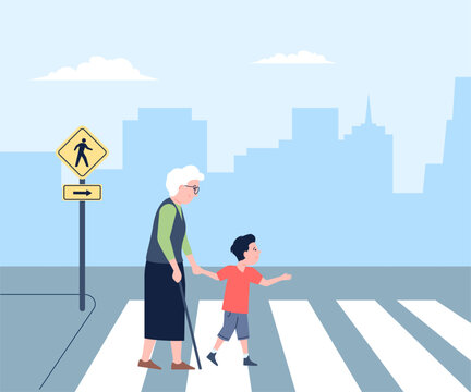 Polite child, courtesies and kindness. Good manner, kid helping senior person cross the road. Behavior younger with older recent vector scene