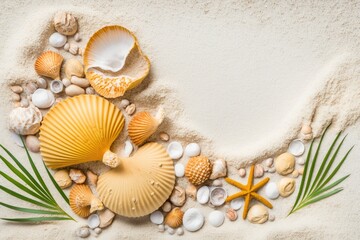 seashells and starfish on a sandy beach with blue ocean in the background. Generative AI
