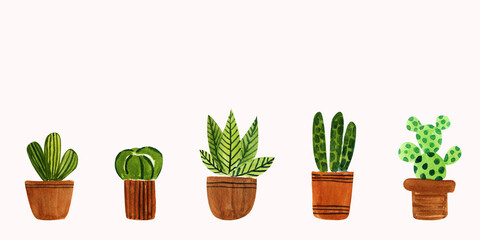 Set of watercolor decorative houseplants in pots.