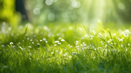 Fototapeta premium Fresh spring sunny garden against the backdrop of green grass, flowers and bokeh blurred foliage. Generative AI