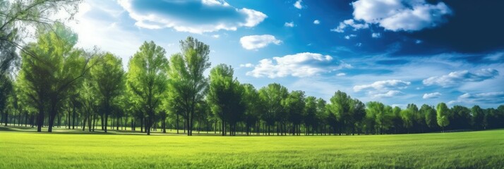 Naklejka na ściany i meble Beautiful blurred background image of spring nature with a neatly trimmed lawn surrounded by trees against a blue sky with clouds on a bright sunny day. Generative AI