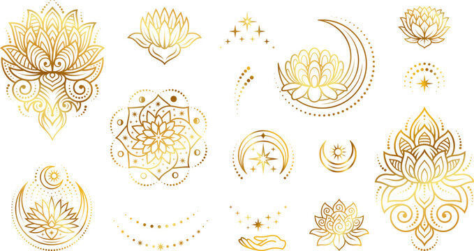 Gold esoteric tattoo printable template. Boho style line elements, moon, lotus and stars. Luxury fashion bohemian vector stickers graphic design