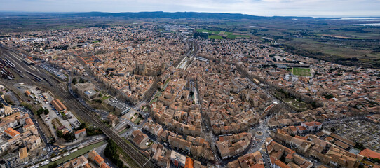 Aerial view around the old town of the city Narbonne in France on a sunny day in early spring 