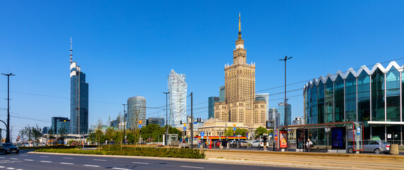 Srodmiescie downtown business district of Warsaw, Poland city center with office skyscrappers and...