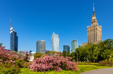 Srodmiescie downtown business district of Warsaw, Poland city center with office skyscrappers and towers at Jerozolimskie avenue
