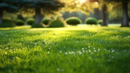 Naklejka premium Lawn, meadow, trimmed green grass, summer sun on the grass, fresh texture. Generative AI