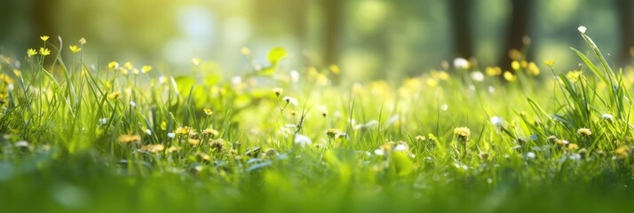 Fresh spring sunny garden against the backdrop of green grass, flowers and bokeh blurred foliage. Generative AI