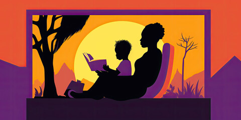 Silhouettes of African American mother and son reading a book, Generative AI
