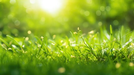Obraz premium Fresh spring sunny garden against the backdrop of green grass, flowers and bokeh blurred foliage. Generative AI