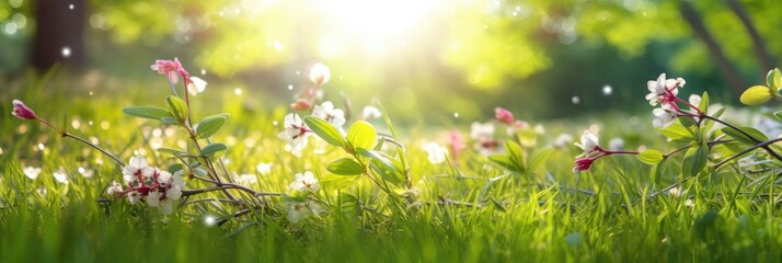 Obraz na płótnie Canvas Fresh spring sunny garden against the backdrop of green grass, flowers and bokeh blurred foliage. Generative AI