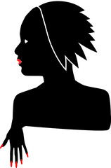 Silhouette logo of a beautiful girl in black on a white background with bright red lips and nails