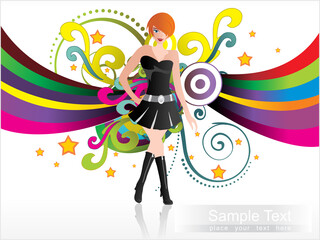 vector illustration, wavy background with shopping girl and floral