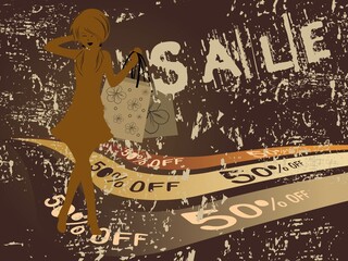 grunge background for 50% off sale with nice sexy model, vector illustration