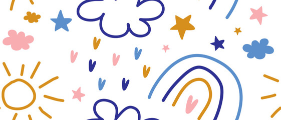 Obraz na płótnie Canvas Colorful Hand Drawn Abstract Doodles Seamless Vector Pattern. Rainbow, Sun, Cloud, Hearts and Stars Isolated on a White Background. Simple Irregular Chilish Style Repeatable Drawing of Sky.