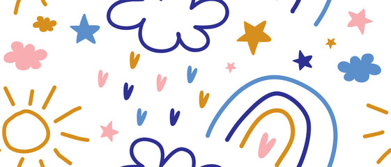 Colorful Hand Drawn Abstract Doodles Seamless Vector Pattern.  Rainbow, Sun, Cloud, Hearts and Stars Isolated on a White Background. Simple Irregular Chilish Style Repeatable Drawing of Sky.