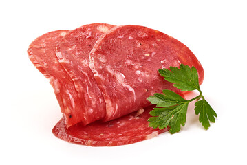 Spanish salchichon. Salami sausage, isolated on white background.