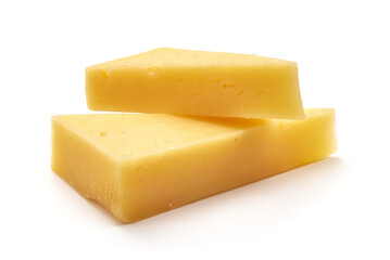 Emmental cheese, Swiss cheese, isolated on white background. High resolution image.