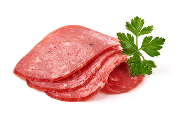 Spanish salchichon. Salami sausage, isolated on white background.