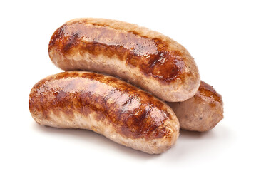 Grilled pork bangers, isolated on white background.