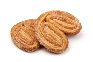 Sugared puff pastry cookies, isolated on white background.
