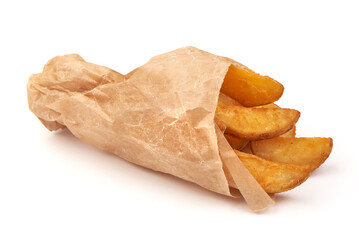 Baked potato wedges, fried potatoes, isolated on white background.