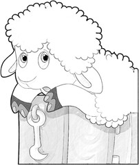 sketch cartoon scene with funny looking farm sheep smiling illustration for children