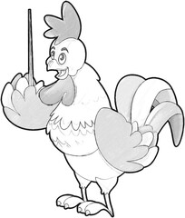 sketch cartoon scene with happy farm rooster illustration for children